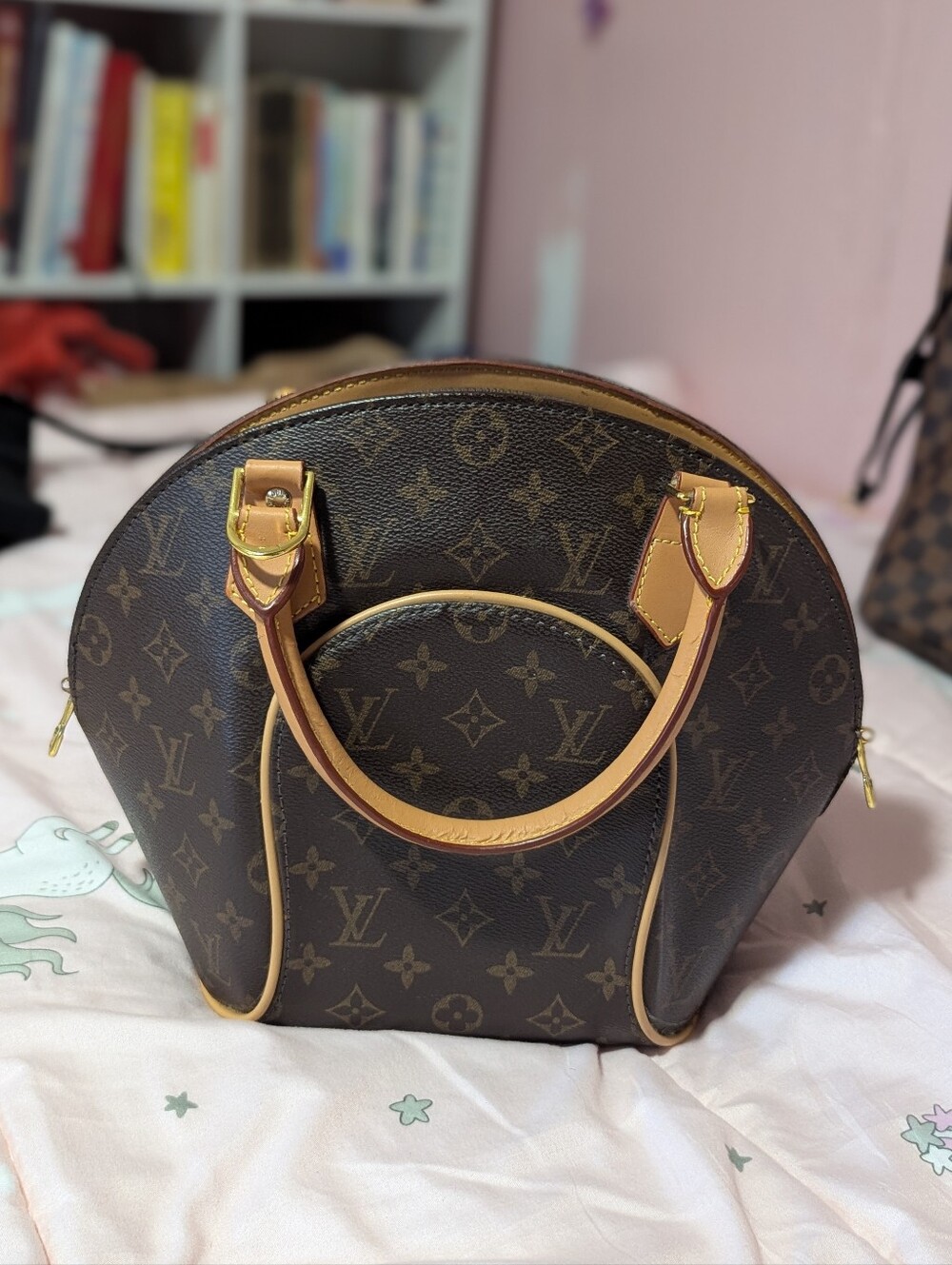 Louis Vuitton Brown Monogram Ellipse Handbag with Tan Leather Trim